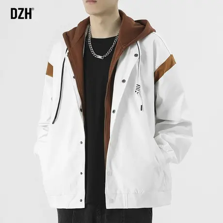 男生白色假两件外套男潮牌宽松男装2023新款连帽夹克春秋上衣百搭商品大图