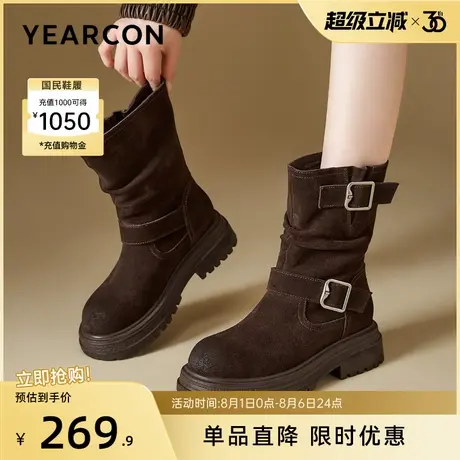 意尔康女鞋秋冬季中筒靴复古休闲堆堆靴西部牛仔靴粗跟单靴美拉德商品大图