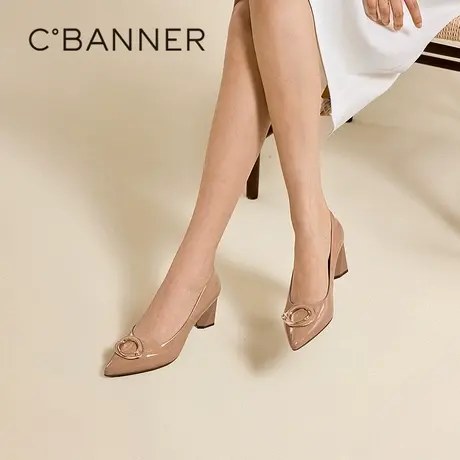 千百度尖头粗高跟鞋女秋季新款牛漆皮通勤法式气质浅口单鞋图片