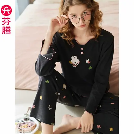 芬腾女士睡衣春秋季新款纯棉长袖女款可爱布朗熊抗静电家居服套装商品大图