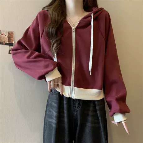 春秋季2025新款撞色连帽开衫卫衣女宽松韩版小个子短款长袖上衣潮商品大图