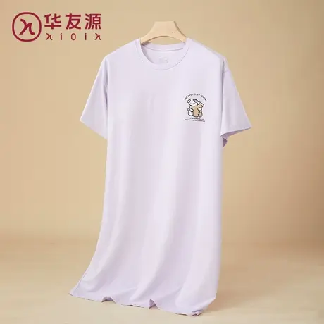 华友源春夏季短袖棉粘女士睡裙冰丝印花宽松大码透气带胸垫中长裙商品大图