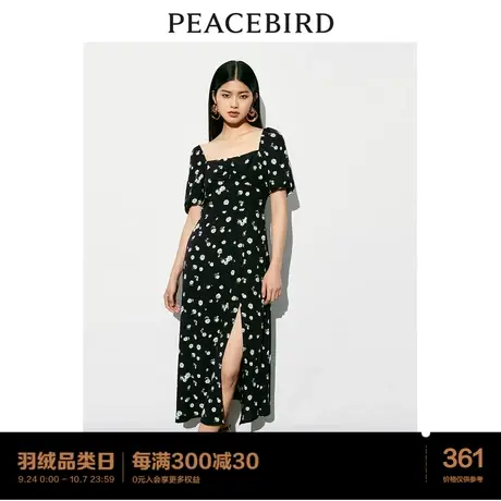 太平鸟 2023年秋季新款法式茶歇碎花开衩连衣裙方领泡泡袖裙子图片