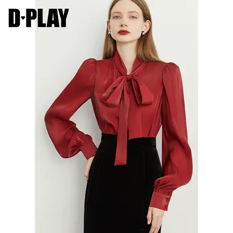 DPLAY春新法式优雅系带蝴蝶结铁锈红泡泡袖气质鎏光纱衬衫商品大图