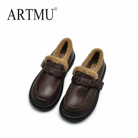 Artmu阿木真皮加绒单鞋女一脚蹬乐福鞋厚底毛毛鞋小皮鞋2024新款商品大图