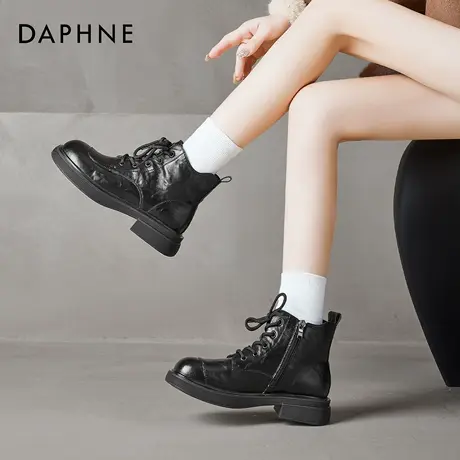 达芙妮黑色短靴女款2026新款春季皮靴子厚底增高系带英伦风马丁靴图片