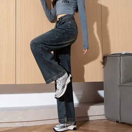 唐狮夏季新款牛仔裤女复古褶裥阔腿时尚百搭宽松牛仔裤子女WTD图片