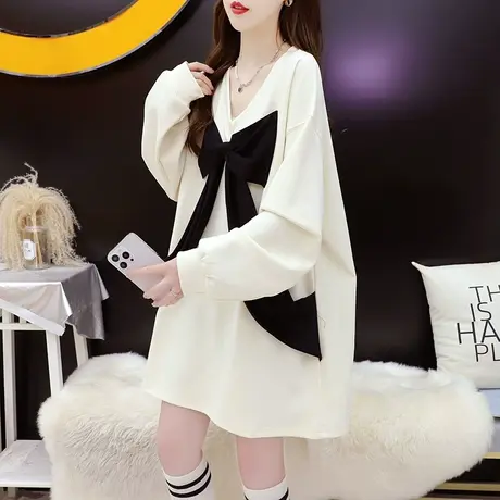 减20设计感V领卫衣女中长款2023新款秋季洋气减龄宽松慵懒风上衣图片