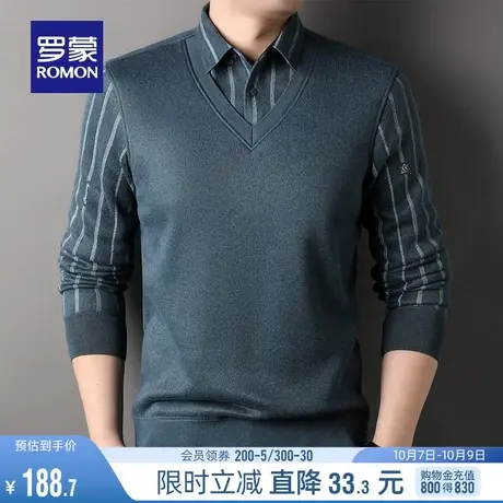 罗蒙男士修身条纹假两件针织衫2023秋冬新款时尚休闲保暖打底毛衣商品大图