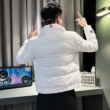 冬季立领撞色格子棉服网红痞帅ins潮牌时尚休闲修身刺绣棉衣外套图片