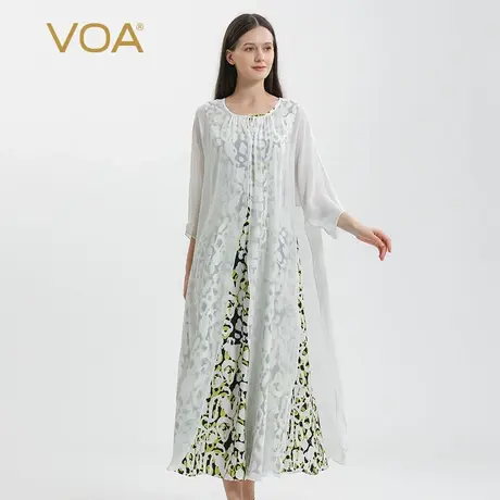 VOA提花桑蚕丝黄白圆领系带两件套拼接乔其丝绸外搭真丝连衣裙图片