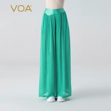 VOA桑蚕丝乔其纱水蓝自然腰拼接弹力缎口袋双层宽松真丝直筒裤图片