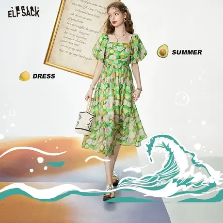 妖精的口袋泡泡袖法式连衣裙女2023秋季新款印花高腰a字气质裙子商品大图