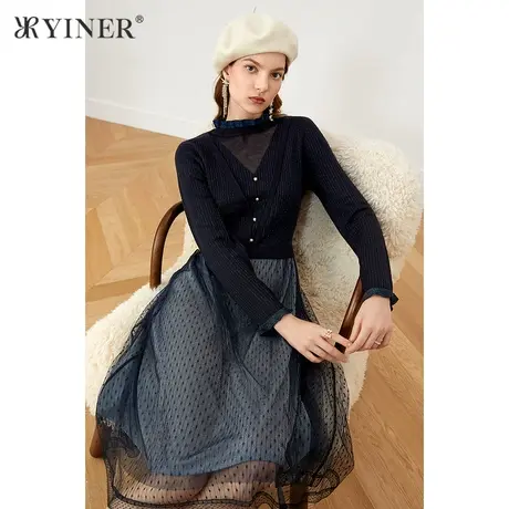 YINER音儿奥莱女装秋季拼接收腰网纱连衣裙图片