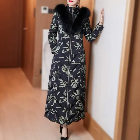 2023年新款中长款大毛领羽绒服女洋气显瘦印花加厚过膝白鸭绒外套商品大图