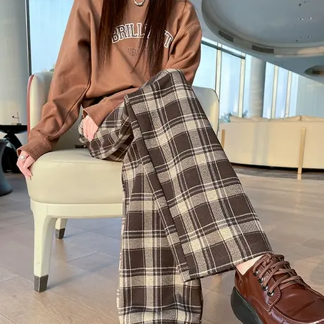 咖色格子毛呢阔腿裤女秋冬加厚高腰显瘦宽松显瘦直筒休闲拖地长裤图片