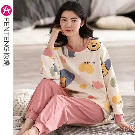 芬腾睡衣女纯棉春秋薄款长袖套头圆领卡通甜美少女全棉家居服套装商品大图