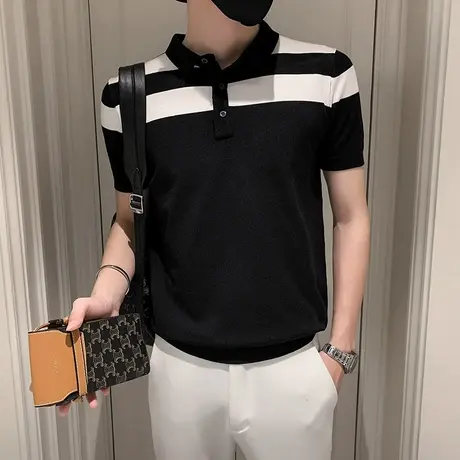 夏季男士t恤polo衫短袖翻领半袖条纹潮流休闲时尚个性青年ins体恤商品大图