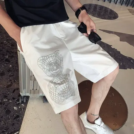 夏季男士短裤五分裤简约烫钻小熊裤子沙滩裤宽松直筒休闲潮流运动商品大图
