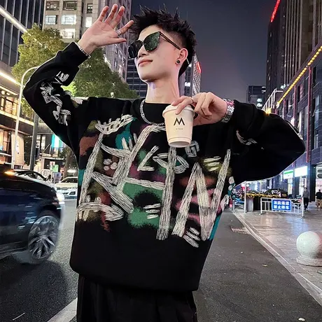 美式涂鸦印花卫衣男秋冬款ins网红爆款重磅加绒加厚打底上衣T恤衫图片