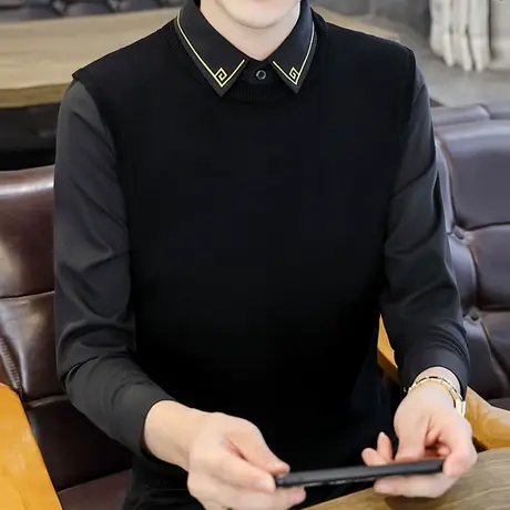 秋冬季男士假两件毛衣衬衫领针织衫加厚带领线衣休闲商务马甲上衣商品大图
