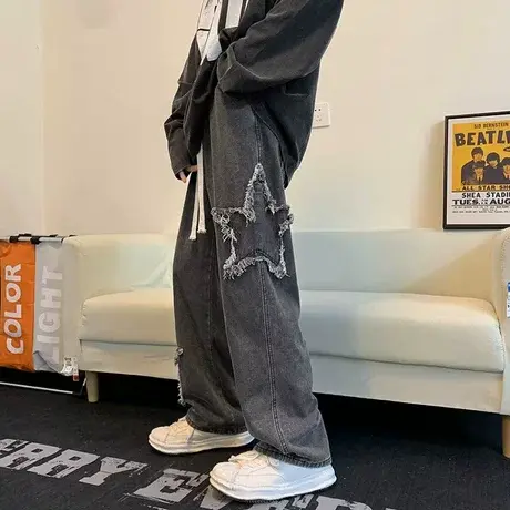 复古牛仔裤男春秋季美式高街潮流宽松直筒裤系带五角星拖地长裤子商品大图