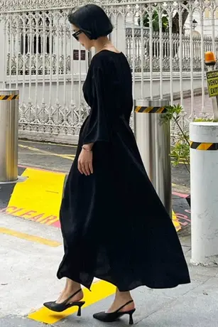 新款春夏过膝 长款连衣裙女中长款收腰系带七分袖宽松大码裙子潮图片