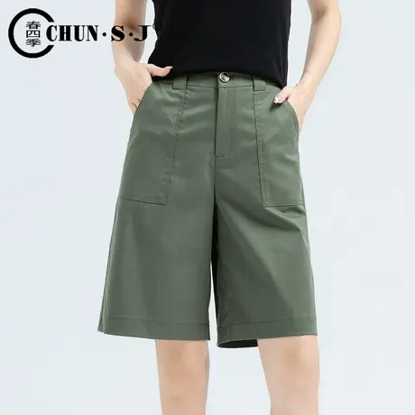 军绿色五分裤女夏季薄款天丝休闲中裤a字阔腿裤冰丝天丝5分裤短裤商品大图