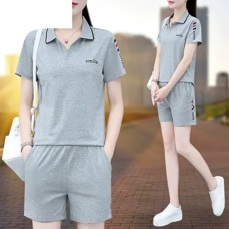 恋上17号纯棉短袖短裤运动套装女夏季2023新款夏装休闲翻领两件套图片