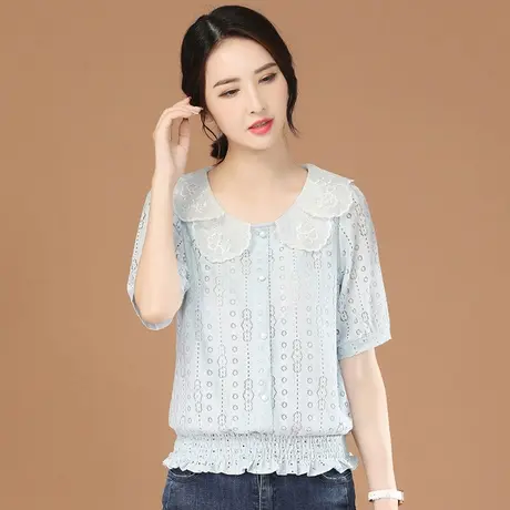 韩潮袭人娃娃领蕾丝拼接雪纺衫女2024夏新款遮肚子百搭T恤上衣薄图片