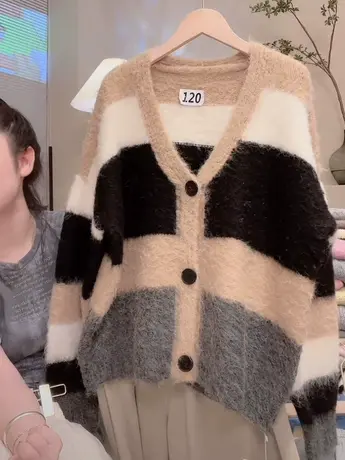 慵懒撞色毛衣开衫外套女2023秋冬新款宽松显瘦设计感百搭针织衫洋商品大图