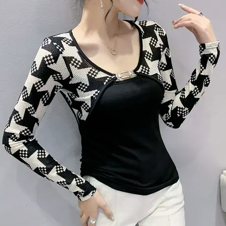设计感千鸟格V领T恤女士长袖秋季性感网纱拼接显瘦上衣洋气打底衫图片