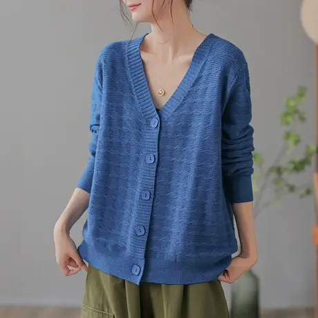 dza复古纯色宽松V领毛衣外套女士春秋新款休闲针织衫百搭开衫上衣商品大图