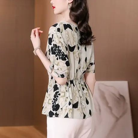 夏季女士收腰短袖雪纺衬衫女2023新款气质真丝上衣洋气显瘦遮肚子商品大图