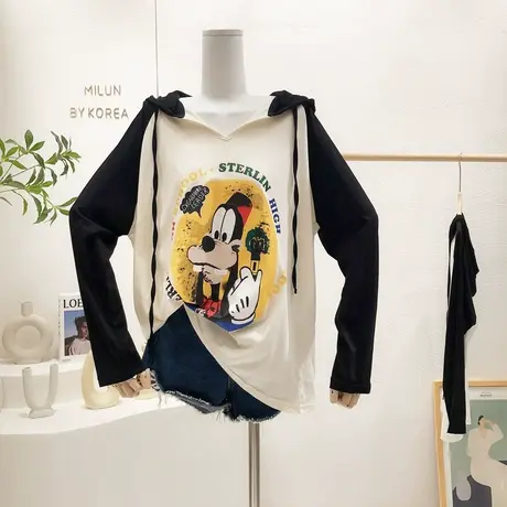 欧洲站潮V领连帽长袖薄款T恤韩版潮流宽松防晒罩衫大码夏秋季新款图片