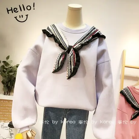 2020秋冬新款加绒卫衣韩国东大门甜美丝巾系带加厚保暖卫衣大码女商品大图