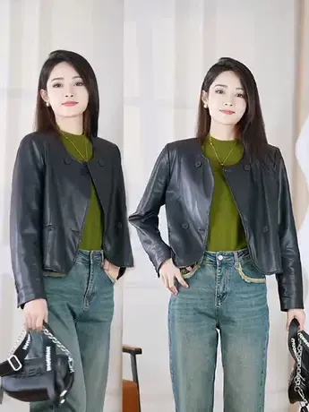 2023年秋季新款圆领皮衣外套洋气小个子短款显瘦上衣高级感欧货潮商品大图