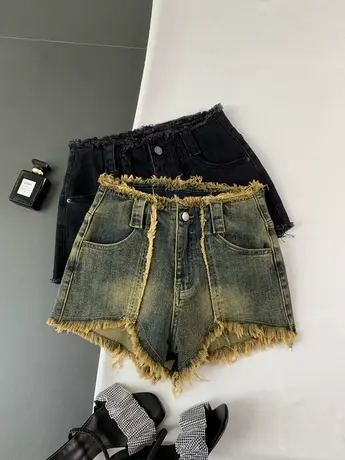 美式辣妹毛边牛仔短裤女复古水洗夏季做旧高腰A字阔腿裤显瘦热裤商品大图