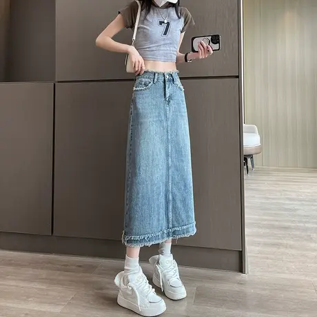 复古港风做旧牛仔半身裙女2023年夏季中长款高腰A字毛边包臀长裙图片