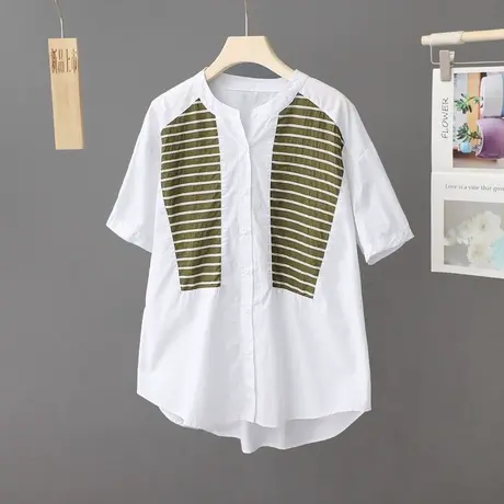 设计感小众条纹拼接圆领短袖衬衫女夏装新款薄款休闲衬衣百搭上衣图片
