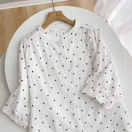 夏季文艺小清新波点双层纱七分袖纯棉衬衫女宽松蝙蝠中袖立领上衣商品大图