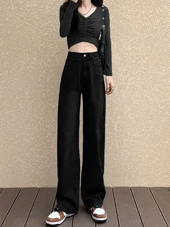 清仓捡漏通勤直筒牛仔裤女高腰显瘦春秋小众小个子阔腿拖地裤潮图片