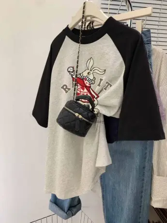 插肩短袖女t恤微胖mm小个子设计感宽松大码ins夏日多巴胺穿搭上衣商品大图