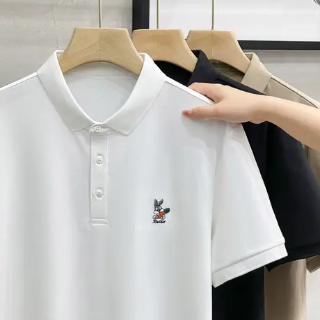 高档冰丝凉爽珠地棉短袖POLO衫23夏新幸运兔子翻领半袖T恤黑白男商品大图