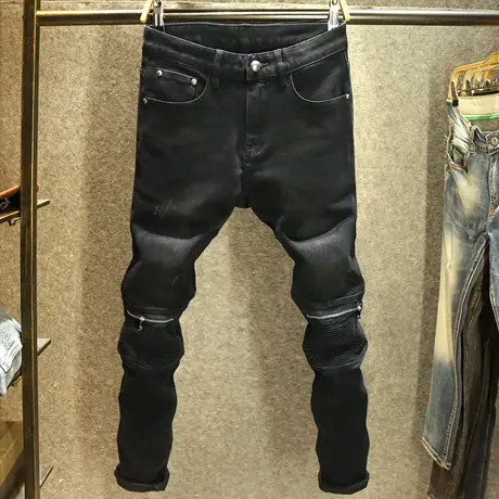 高端机车牛仔裤男款潮牌秋冬款修身小脚裤潮流拼接黑色痞帅长裤子商品大图