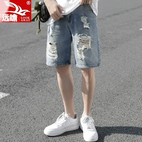 男士牛仔短裤夏季薄款宽松直筒中裤潮牌外穿休闲破洞五分裤子男款商品大图