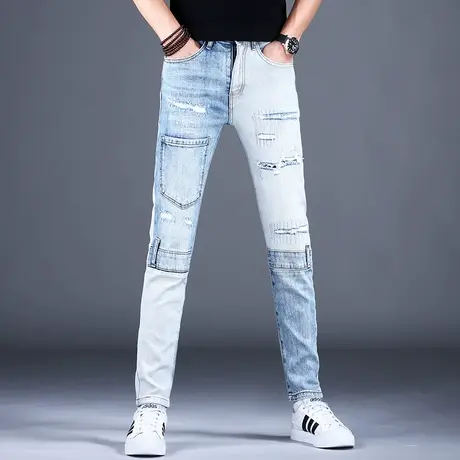 拼接破洞牛仔裤男款裤子男士2023年新款修身小脚美式高街潮牌潮流商品大图
