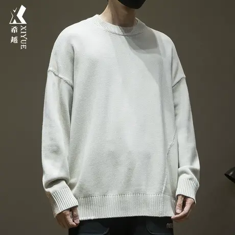 希越浅色圆领毛衣男士秋冬简约套头内搭针织衫宽松大码慵懒风上衣商品大图