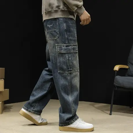 潮牌牛仔裤男2023新款秋季直筒宽松大码秋冬阔腿男裤美式工装裤子图片