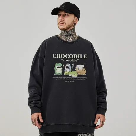 oversize日系卡通圆领卫衣男潮牌重磅大码男装春秋季加绒复古做旧商品大图